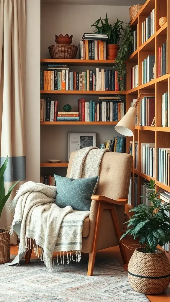 23+ Boho Office Decor Ideas for a Stylish Workspace 16 Cozy reading nook with a chair, blanket, pillows, bookshelves, and plants