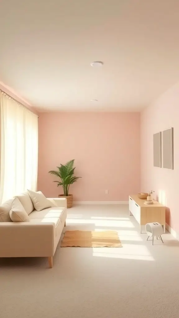 A cozy basement with light pink walls, a cream sofa, and natural light.
