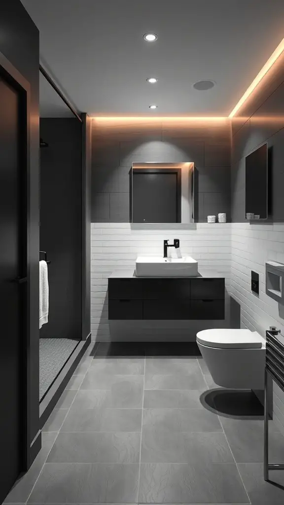 A modern minimalist basement bathroom featuring gray tiles, black fixtures, and soft LED lighting.