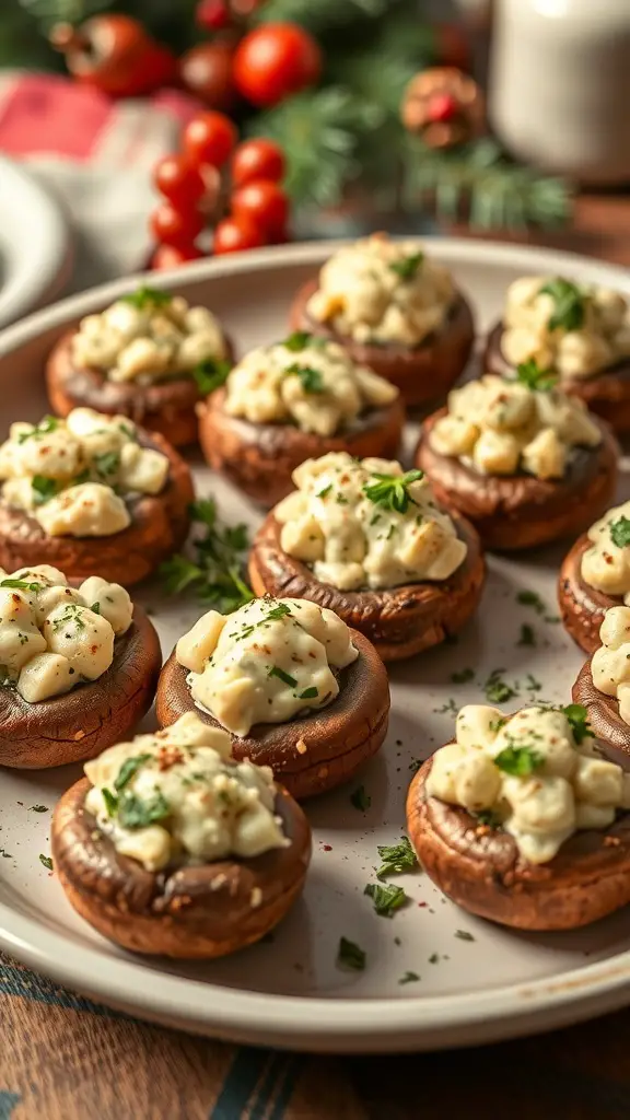 A platter of stuffed mushrooms topped with creamy filling and garnished with herbs.