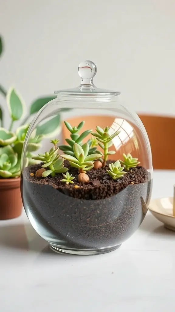 29+ Gorgeous Dollar Tree Centerpieces You Can Create for Any Occasion 16 A glass terrarium filled with succulents and soil, showcasing a DIY centerpiece idea.
