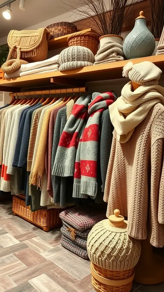 25+ Unique Christmas Boutique Ideas for Your Holiday Shopping 6 A display of cozy winter apparel including sweaters, scarves, and hats in warm colors and textures.