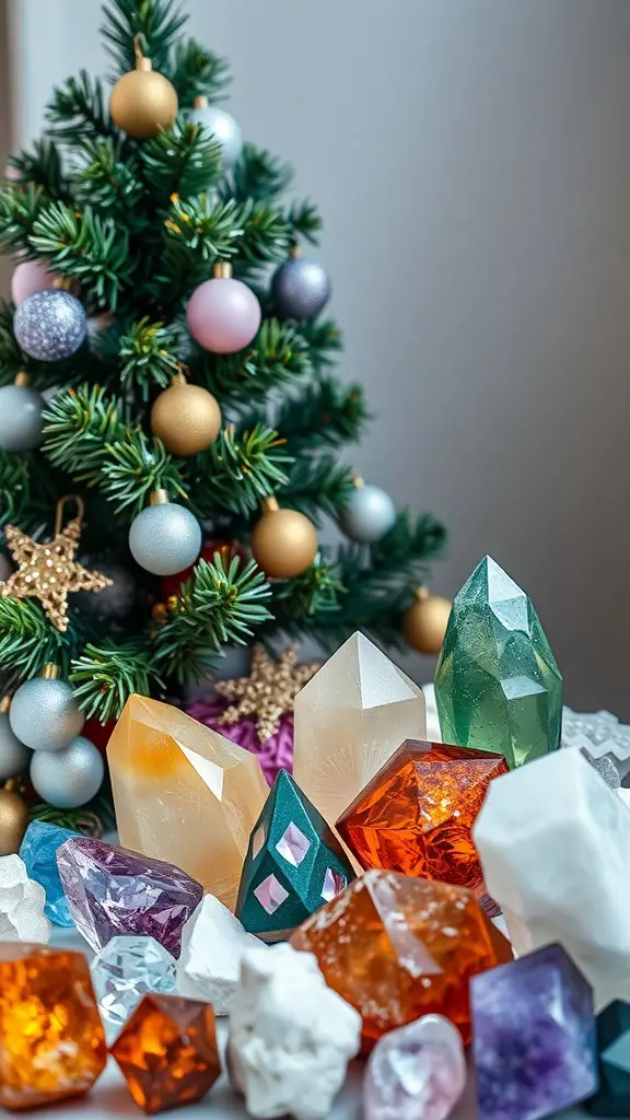 A crystal Christmas tree with colorful ornaments and various crystals surrounding it.