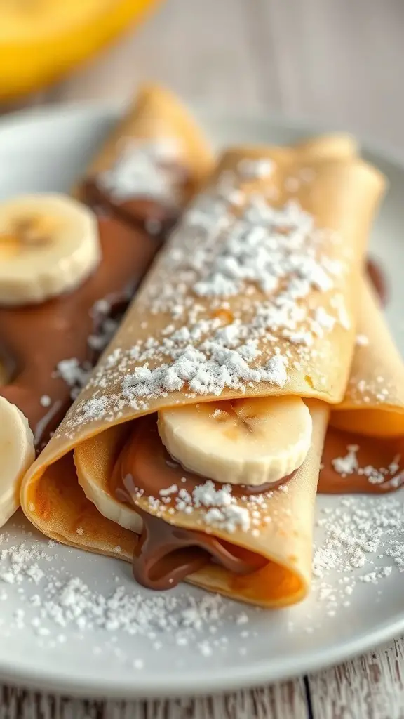 Nutella and banana stuffed crepes on a plate with powdered sugar
