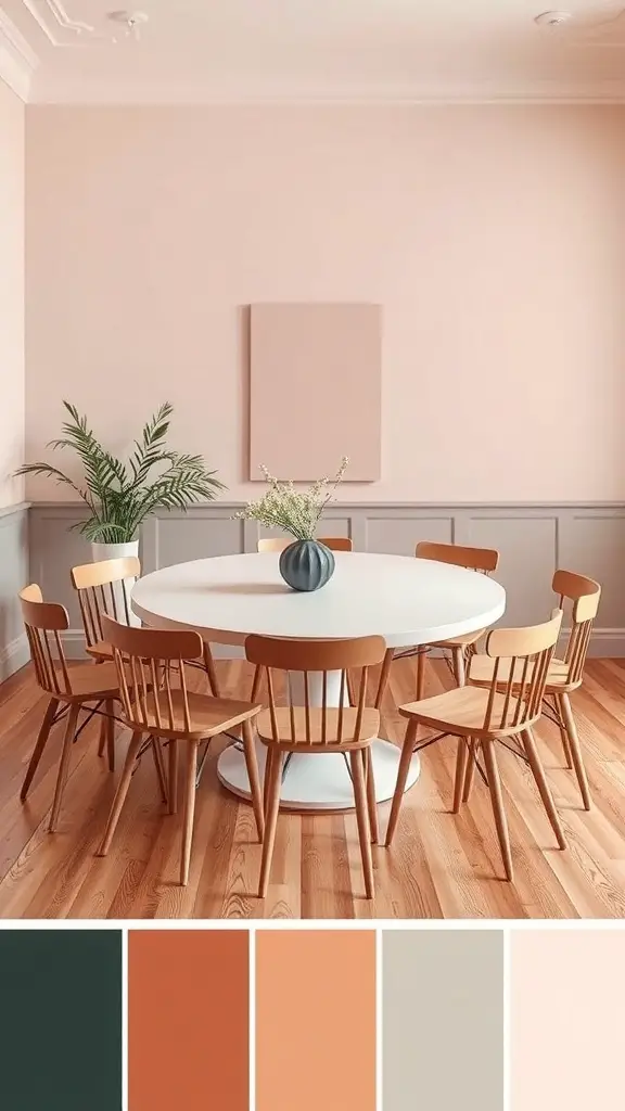 A cozy dining area featuring an oval table with wooden chairs, soft peach walls, and a warm color palette.
