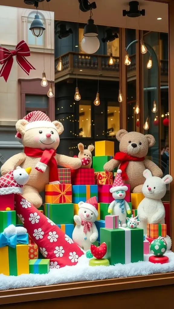 27+ Stunning Holiday Window Displays to Inspire Your Seasonal Decor 15 A whimsical holiday window display featuring plush toys and colorful gift boxes.