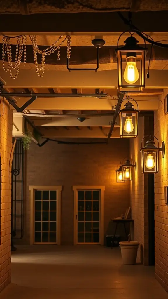 A cozy basement hallway with vintage lantern-style lighting fixtures.