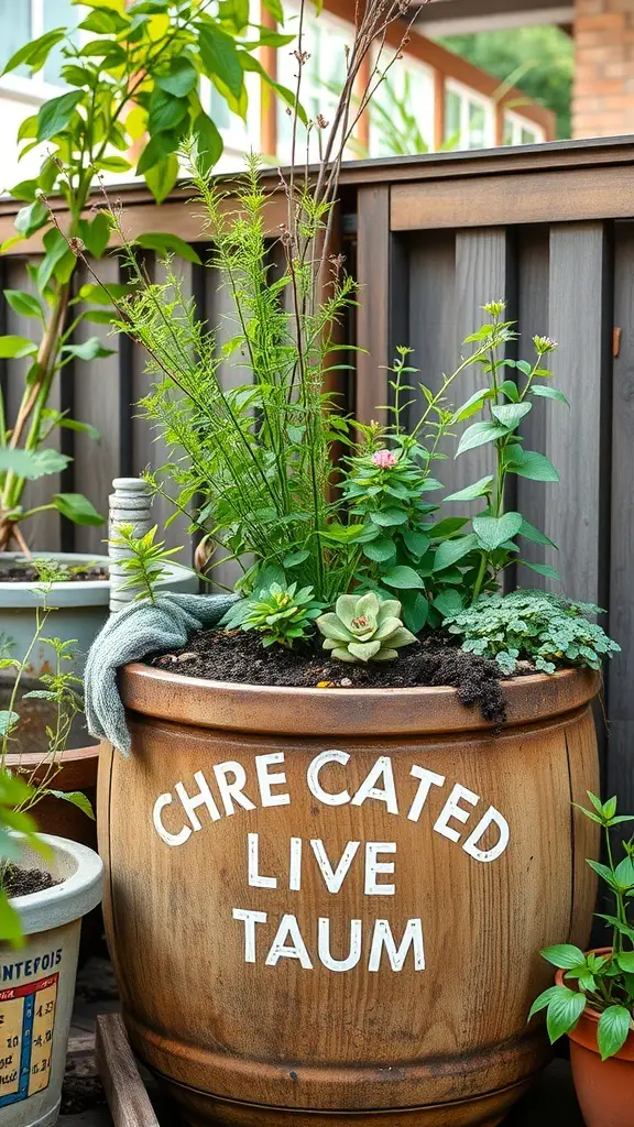 A wooden barrel pot filled with various plants, showcasing sustainable container gardening.
