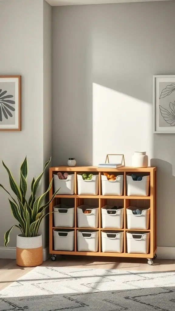 A corner tote storage rack with multiple fabric bins, placed in a bright room with plants and artwork.
