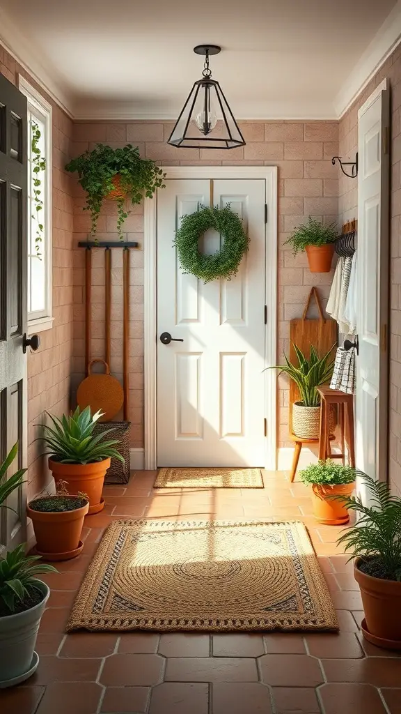25+ Stylish Mudroom Tile Floor Ideas You’ll Love 4 A cozy mudroom featuring vintage terracotta tiles, plants, and natural light.