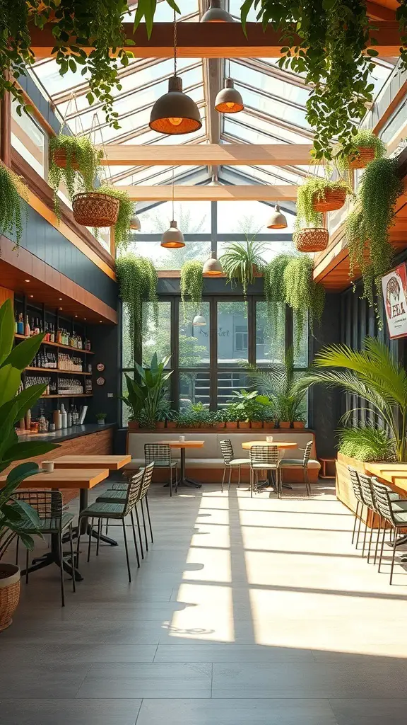 Indoor bar with large windows, plants, and wooden furniture