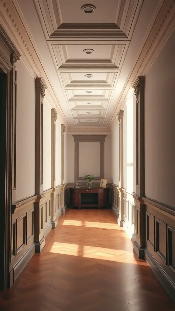 A beautifully designed hallway with detailed ceiling and wall paneling, illuminated by natural light.