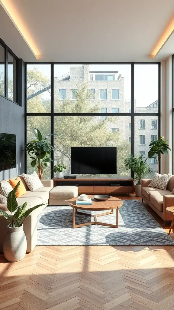 27+ Earthy Living Room Ideas with 15 Must-Have Items 16 A modern living room with earthy tones, large windows, and integrated technology.