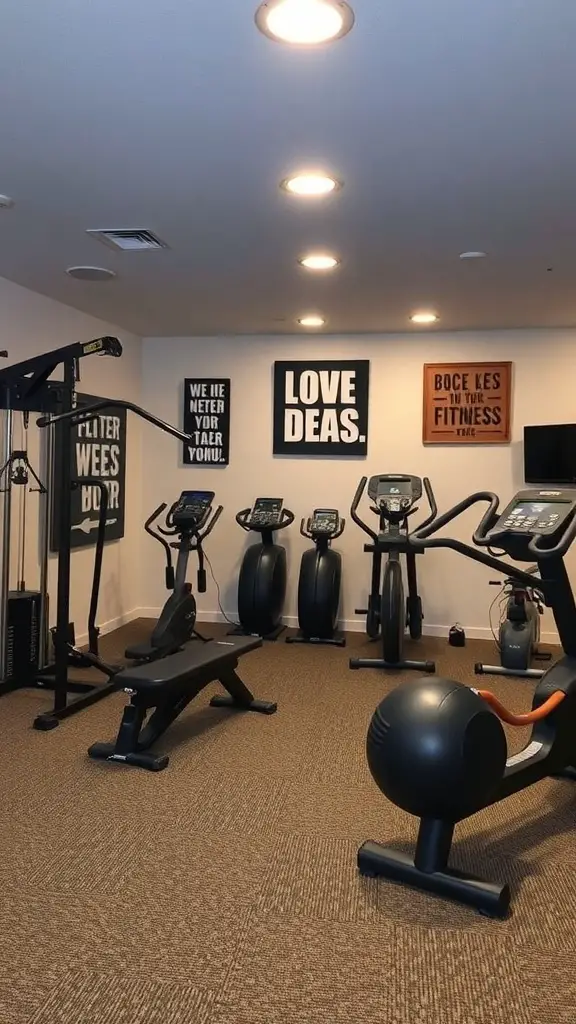A finished basement gym with workout equipment and motivational wall art.