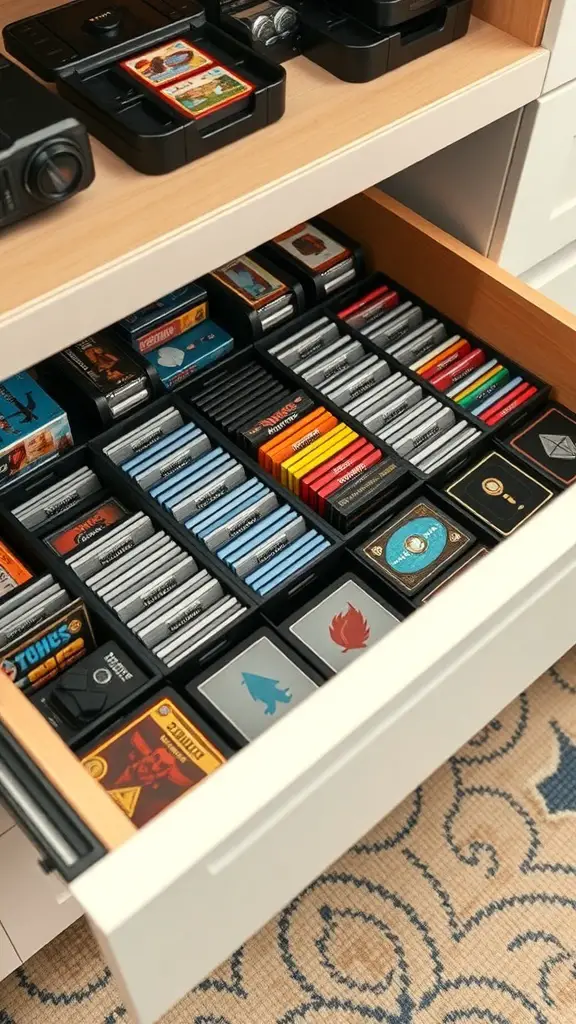 A neatly organized drawer filled with various card games, sorted into compartments.