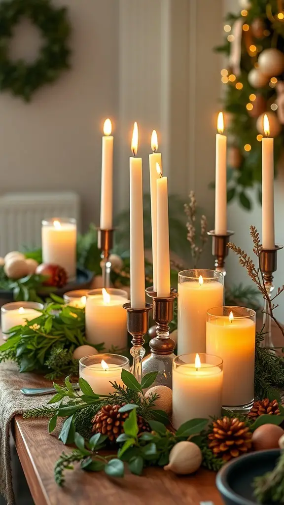 27+ Stunning Christmas Buffet Table Decor Ideas 12 A beautifully arranged Christmas buffet table with candles and greenery