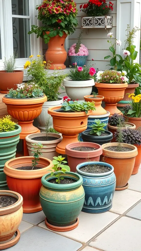 A variety of colorful pots filled with plants arranged on a patio.