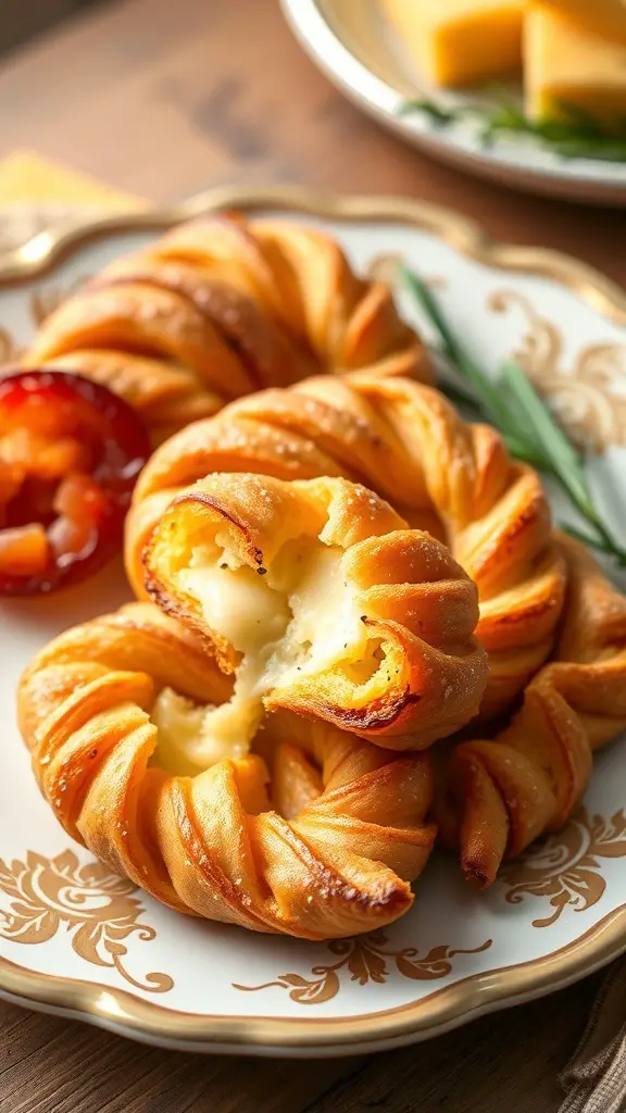 Savory palmiers with cheese on a decorative plate, showcasing their flaky texture and golden color.