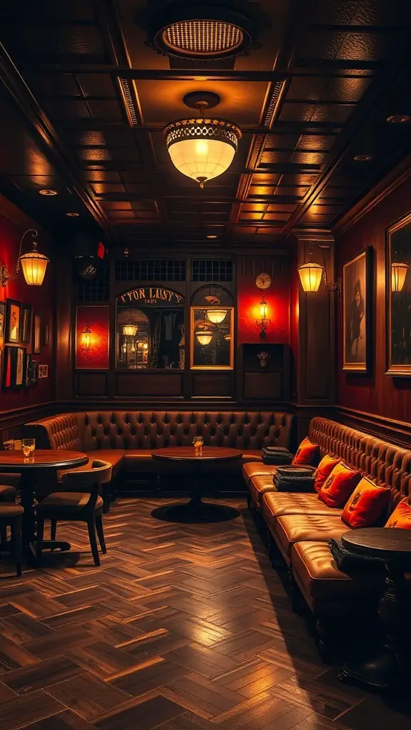 23+ Hidden Gem Speakeasies to Discover in the Basement 4 A cozy speakeasy basement with leather seating, warm lighting, and vintage decor.