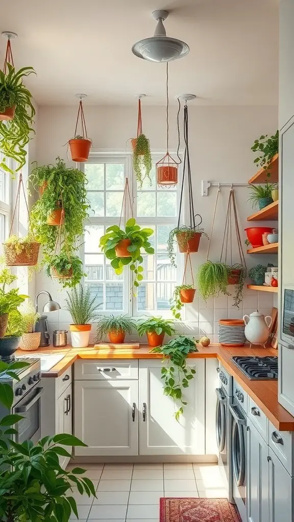 A bright kitchen filled with hanging plants and greenery, showcasing a boho style.