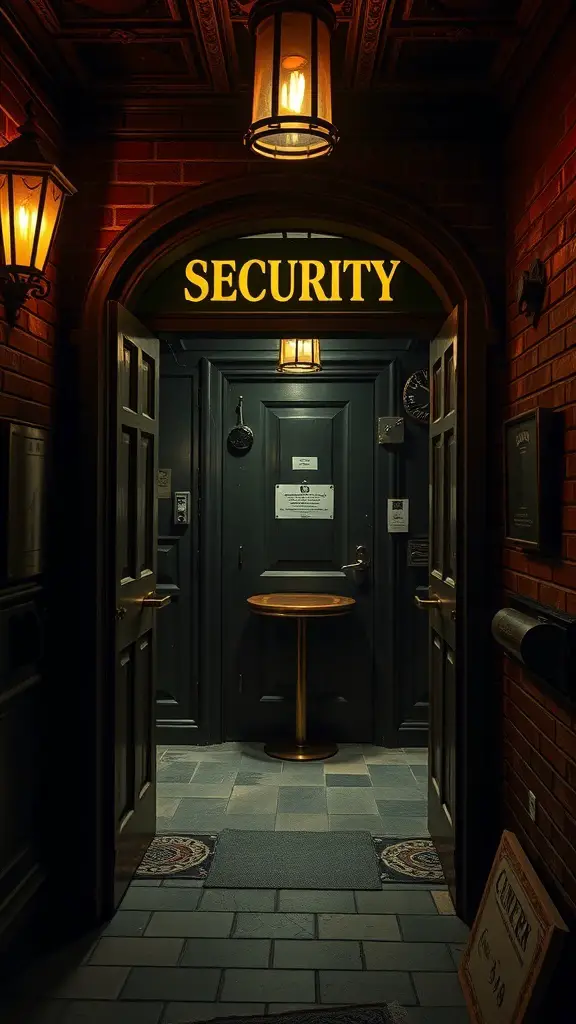 23+ Hidden Gem Speakeasies to Discover in the Basement 10 Entrance to a speakeasy basement with a 'SECURITY' sign and warm lighting.