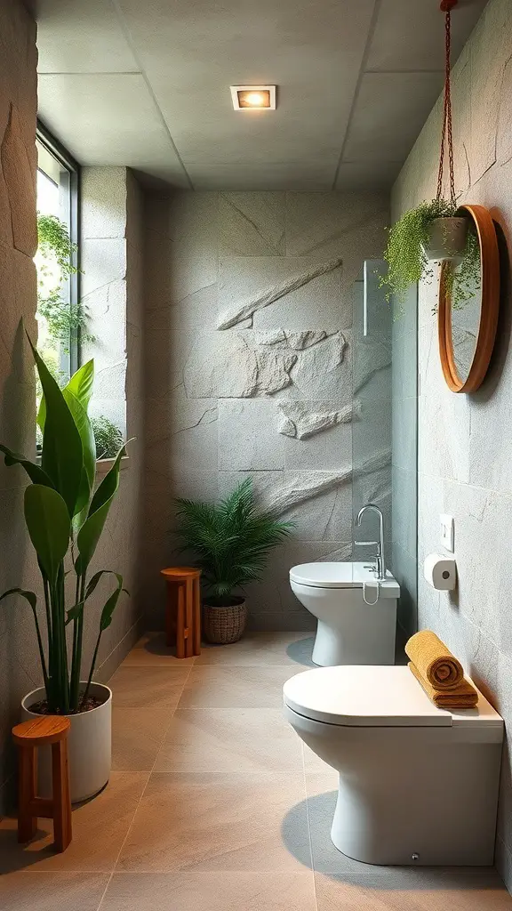 A modern basement bathroom featuring stone walls, plants, and wooden accents.