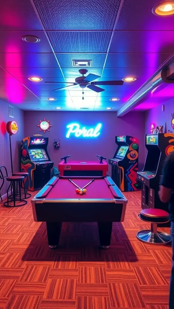 A colorful game room featuring a pool table and arcade machines.