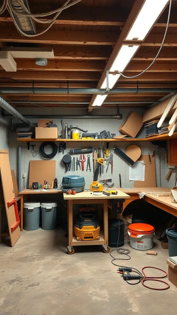 25+ Budget-Friendly Unfinished Basement Ideas to Transform Your Space 11 A well-organized basement workshop with tools and a workbench.