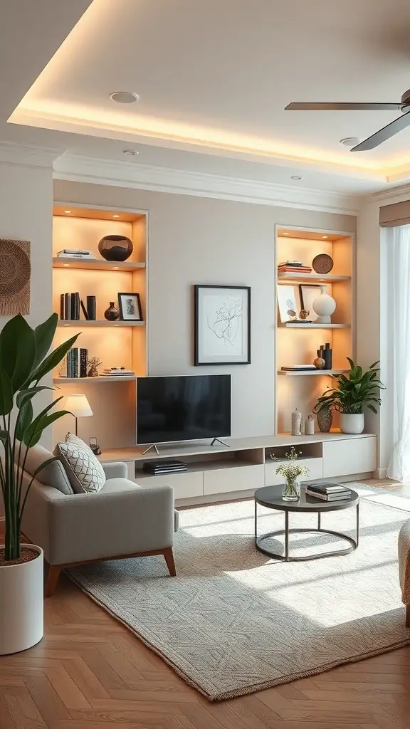 A living room featuring built-in shelves with warm lighting, a cozy seating area, and a modern design.