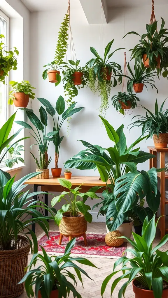 23+ Boho Office Decor Ideas for a Stylish Workspace 15 A bohemian office filled with various indoor plants, creating a vibrant and inviting workspace.