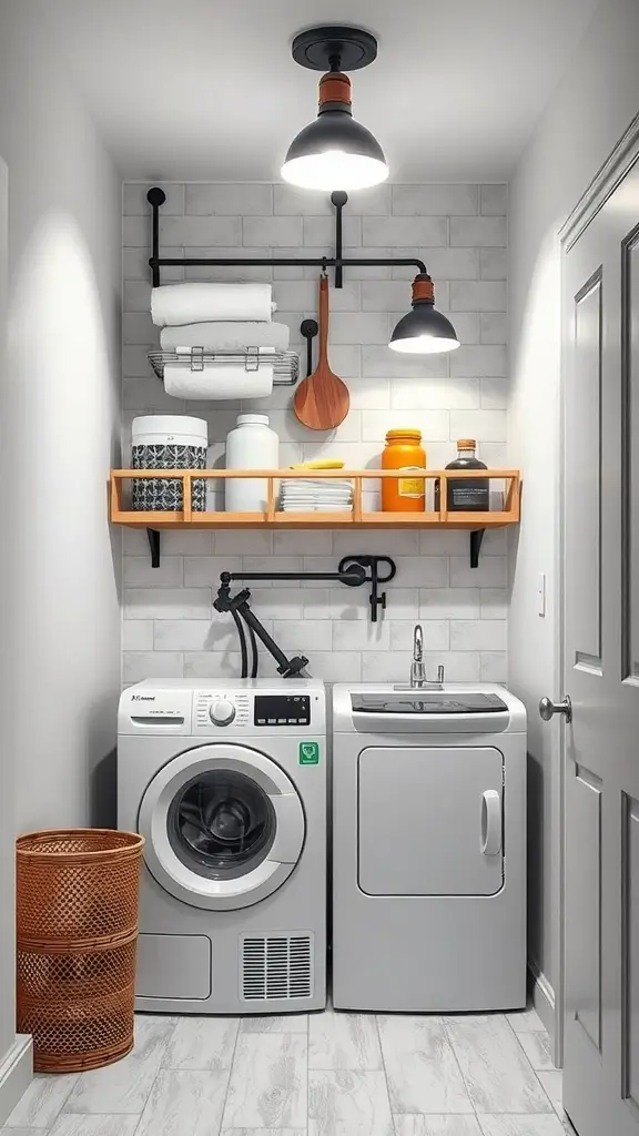 27+ Creative Mini Laundry Room Ideas to Maximize Your Space 10 A stylish mini laundry room featuring chic lighting fixtures, modern appliances, and organized shelves.