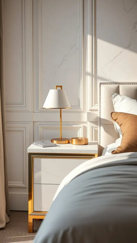 27+ Creative Bedside Table Ideas to Transform Your Bedroom 16 A stylish bedside table with a marble top, gold accents, and a lamp, set in a cozy bedroom.