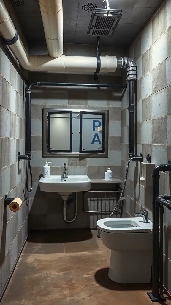 A small basement bathroom with industrial design elements, featuring exposed pipes, concrete walls, and minimalist fixtures.