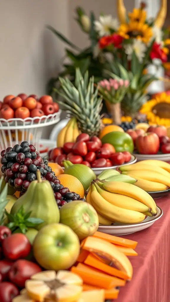 27+ Stunning Christmas Buffet Table Decor Ideas 7 A colorful display of various fruits on a buffet table, including apples, bananas, grapes, and pineapples, surrounded by flowers.