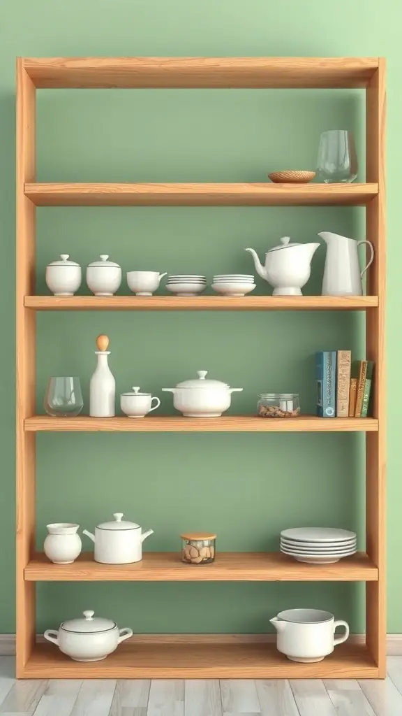 Natural wood shelving against a sage green wall, displaying white dishware and cookbooks.