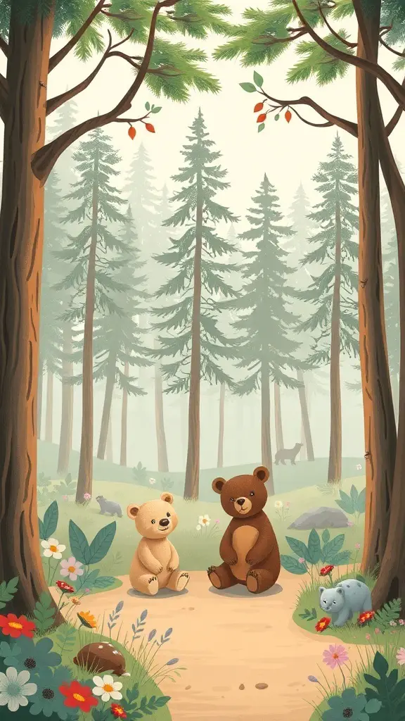 27+ Adorable Bear Baby Shower Ideas for the Perfect Celebration 15 A nature-inspired backdrop featuring two cartoon bears sitting on a path in a forest with trees and flowers.