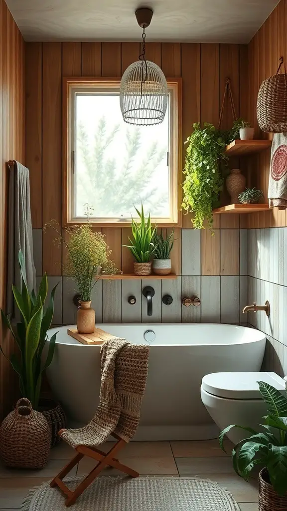 A boho bathroom featuring wooden walls, plants, and soft textiles.