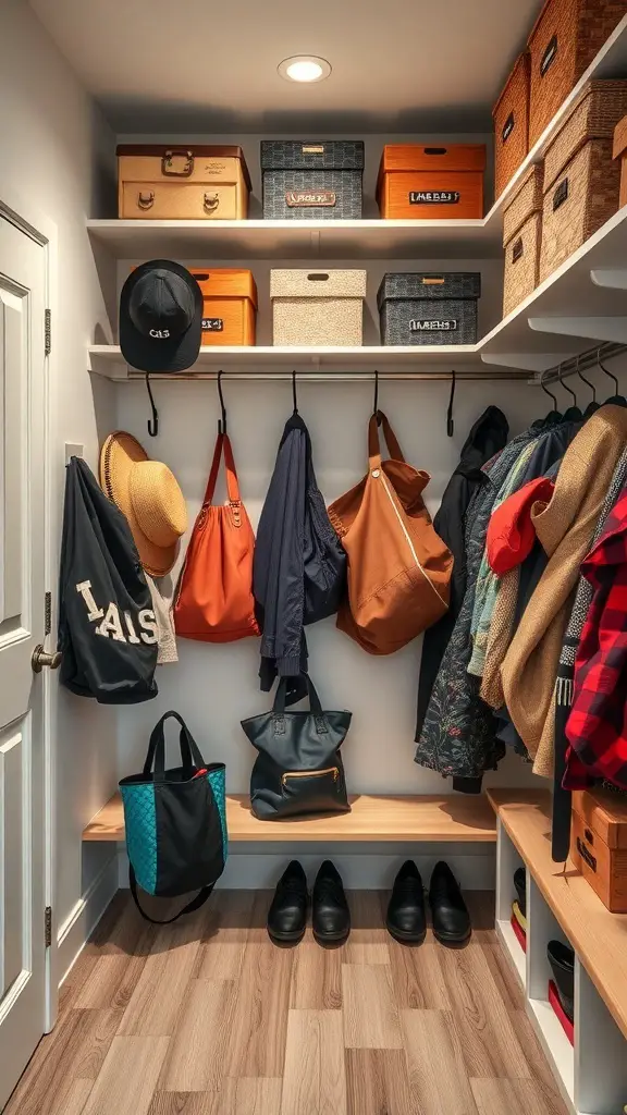 A well-organized mudroom closet featuring hooks for coats and bags, along with storage boxes on shelves.