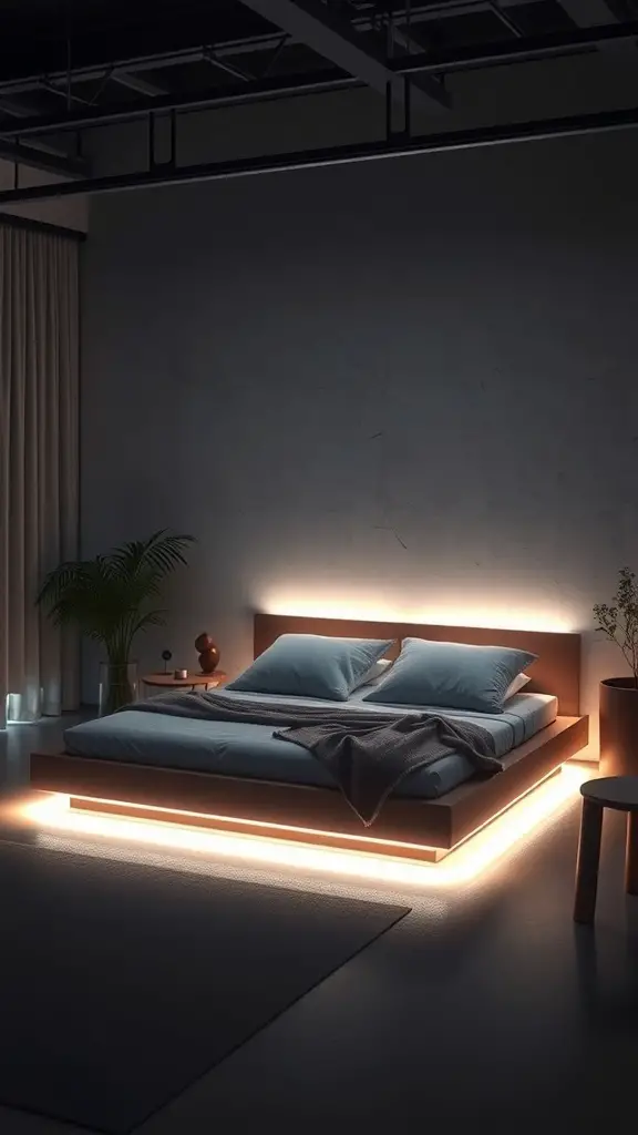 25+ Inspired Floor Bed Ideas for a Cozy Bedroom Makeover 11 A modern floor bed with built-in lighting, featuring soft blue bedding and a warm glow around the base.