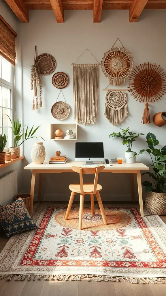 23+ Boho Office Decor Ideas for a Stylish Workspace 9 A bohemian office featuring woven wall hangings, a patterned rug, and plants.