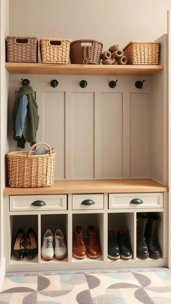 25+ Inspiring DIY Mudroom Bench Ideas to Revamp Your Space 6 A stylish mudroom bench with shoe storage and baskets above.