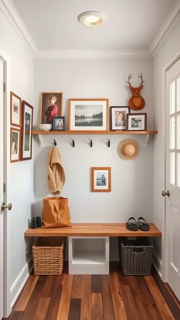 A cozy mudroom with a wooden bench, framed photos on the wall, and decorative elements.