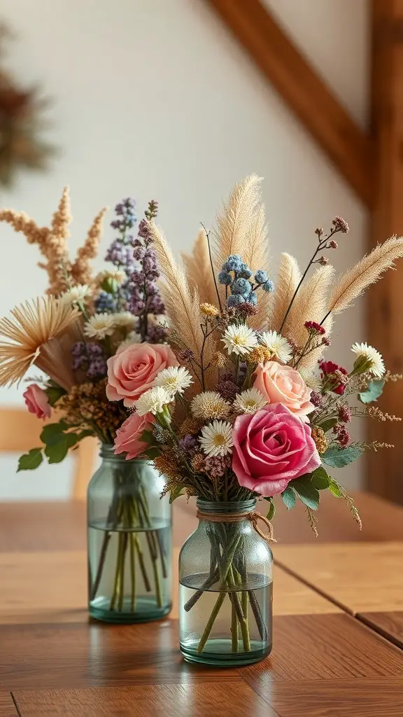 23+ Unique Boho Baby Shower Ideas You’ll Love 3 Floral centerpieces featuring dried flowers in glass jars, showcasing a mix of roses and wildflowers.