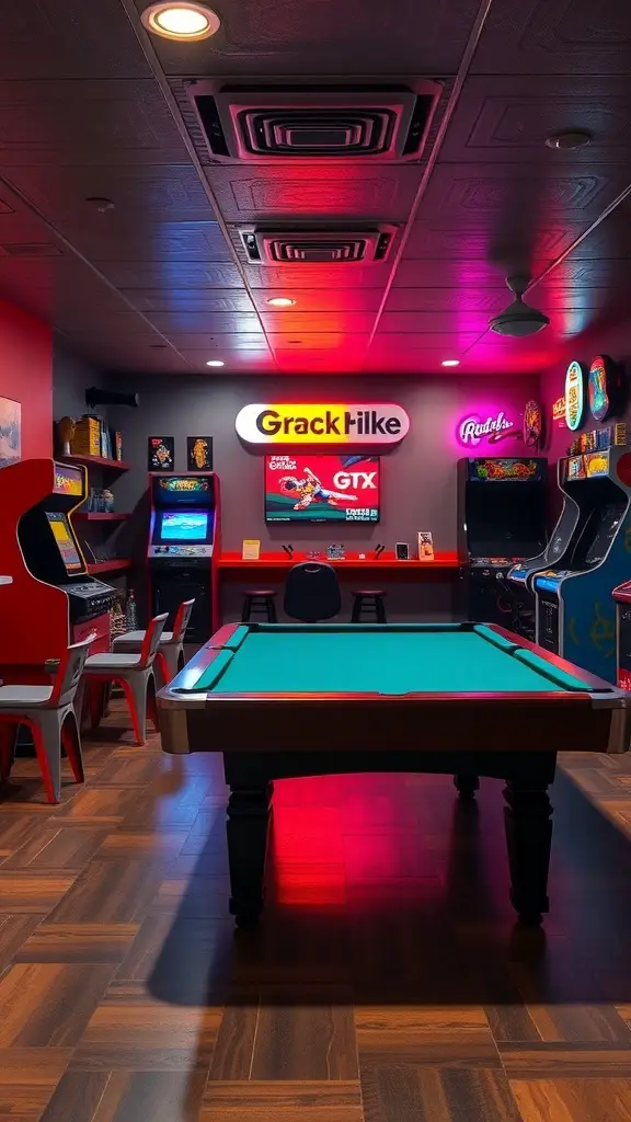 31+ Inspiring Ideas for Your Basement Family Room Makeover 8 A game zone featuring a pool table and arcade machines, designed for family fun.