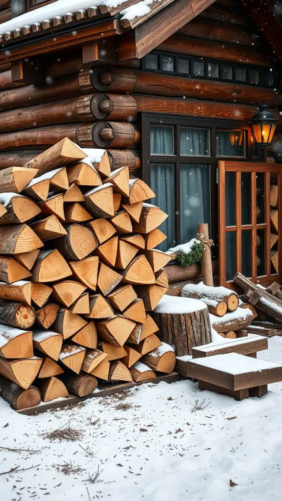 A neatly stacked pile of firewood outside a log cabin in a snowy setting.