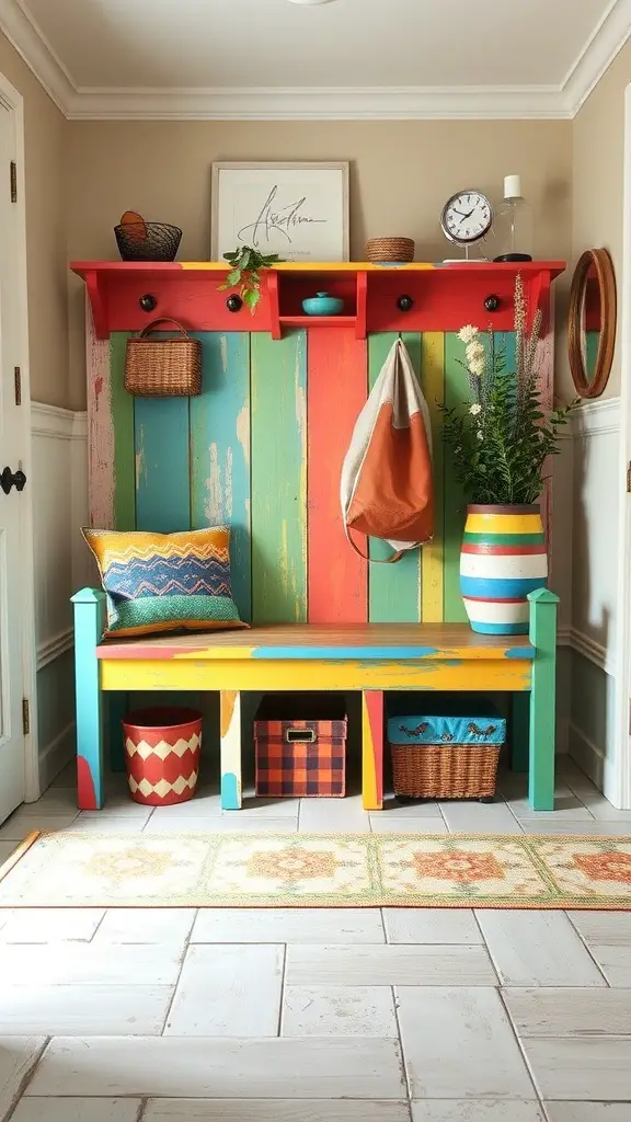 25+ Inspiring DIY Mudroom Bench Ideas to Revamp Your Space 14 A colorful painted bench in a mudroom with vibrant hues and decorative pillows.