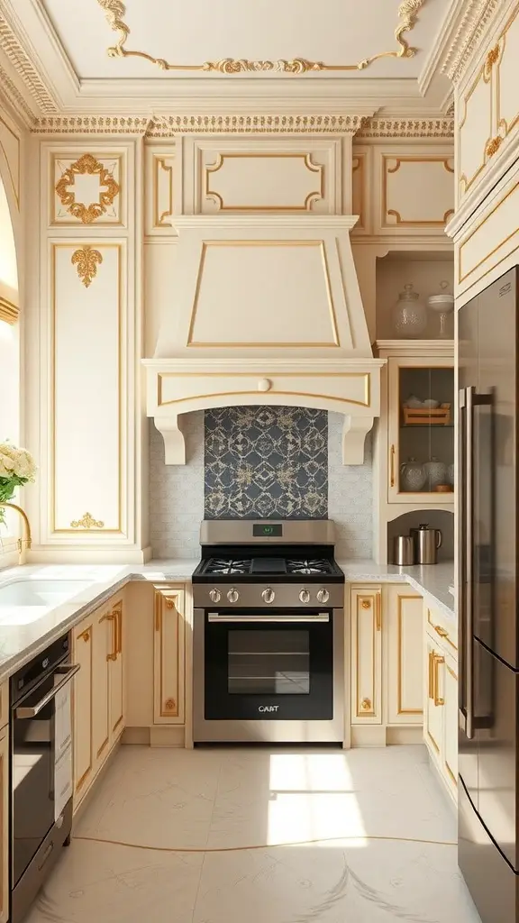 A kitchen with cream walls and gold trim details, featuring elegant cabinetry and a decorative backsplash.
