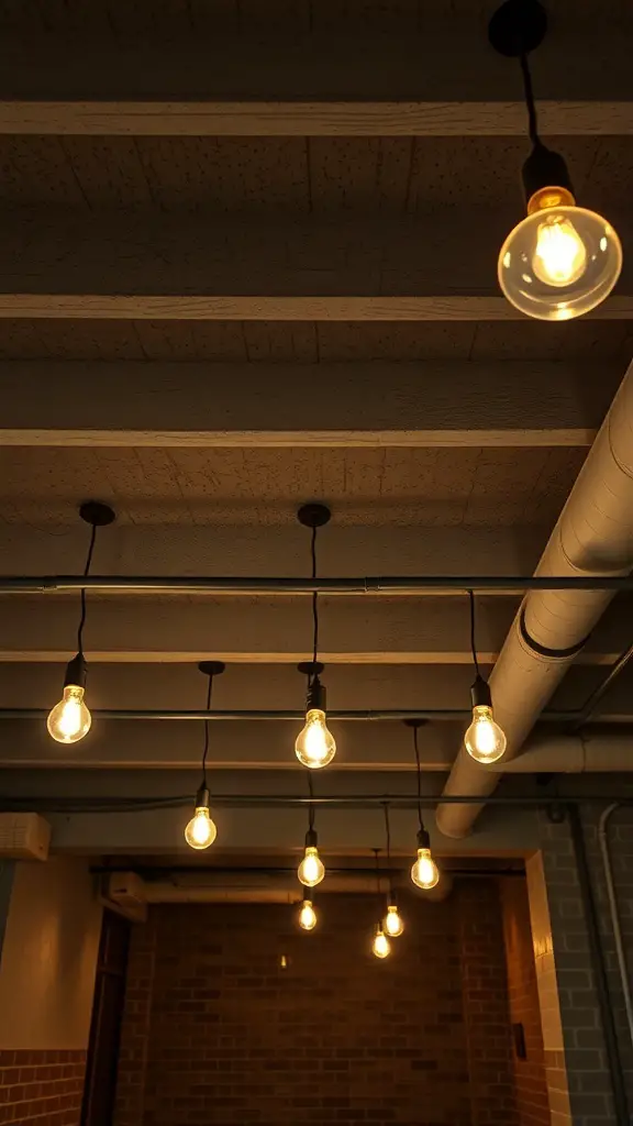 Stylish pendant lighting hanging from an exposed basement ceiling