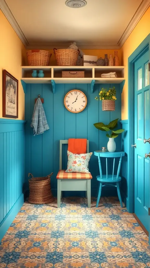 27+ Stylish IKEA Mudroom Ideas for a Functional Space 6 A colorful mudroom with blue walls, yellow ceiling, and patterned flooring.