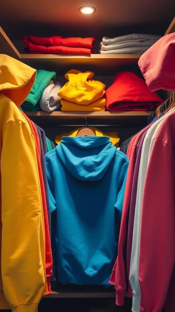 A neatly organized closet with color-coded hoodies in various shades.